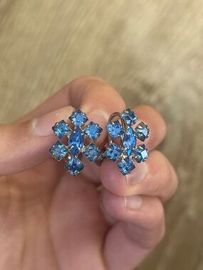 Vintage Blue Crystal Cluster Clip-On Earrings - Unbranded